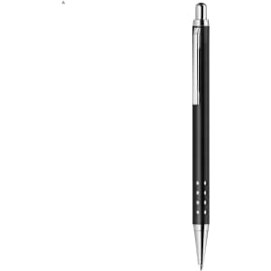 A sleek black metal pen with a silver clip and decorative holes along the barrel, featuring a logo.