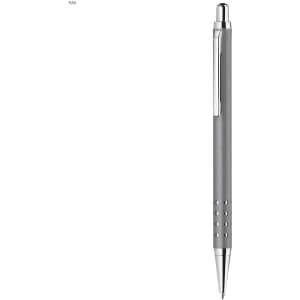 A metal pen in grey with a sleek design and a silver clip, featuring a textured grip. It has a branding logo.