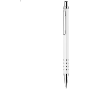 A metal pen in white with a sleek design and a clip, featuring a logo on the side.