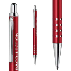 A red metal pen with a sleek design, featuring a silver clip and holes for grip. It has branding on the side.