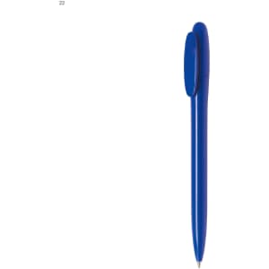 A blue plastic pen with a smooth finish and a rounded top. It features a clip and has a logo.