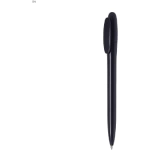A black plastic pen featuring a click mechanism and a sleek design. It has a small logo on the body.
