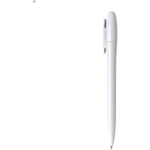 A white plastic pen with a sleek design and a clip, featuring a simple logo branding.