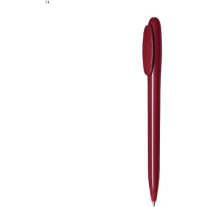 A red plastic pen with a clip and a smooth, sleek design. It features a branding logo.