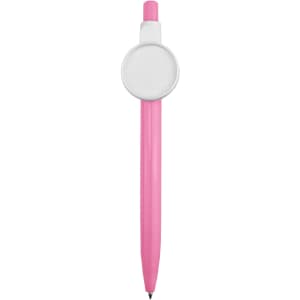 A pink pen with a white circular button at the top and a black writing tip, featuring a logo.