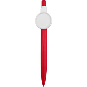 A red plastic pen with a white button badge at the top and a black writing tip.