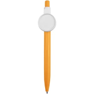 An orange plastic pen featuring a circular white button at the top. It has a logo displayed on the button.