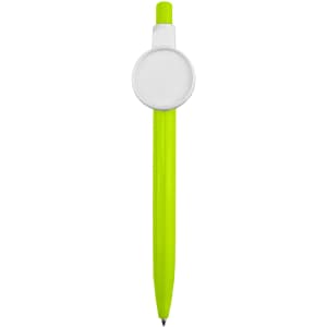 A bright green plastic pen with a circular white badge at the top and a black writing tip.