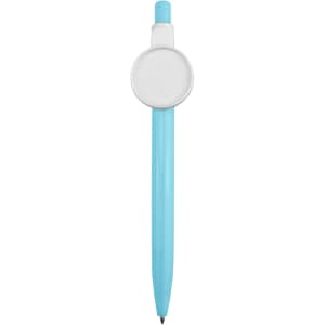 A turquoise plastic pen featuring a circular white button badge at the top. It includes a branding logo.