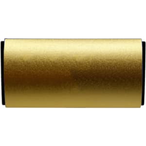 A gold cylindrical car air freshener with black accents and a logo.