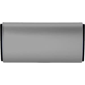 A silver car air freshener with a sleek design. It has a black accent and features a logo.