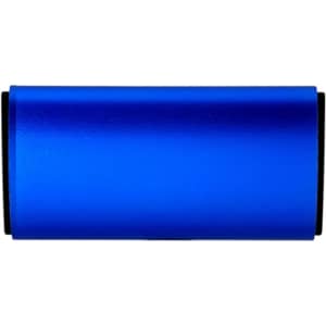 A blue cylindrical air freshener with black accents and a logo.