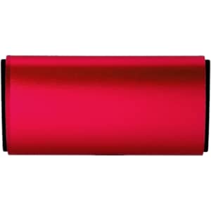 A red cylindrical air freshener with a black base, featuring a branding logo.