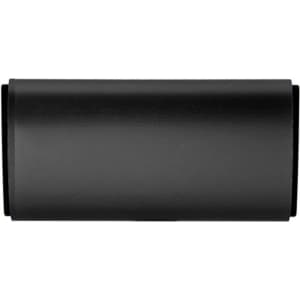 A black car air freshener with a sleek cylindrical design and a logo.