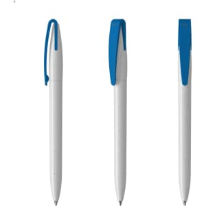 A white plastic pen with a blue clip, featuring a textured design, showcased from three angles.