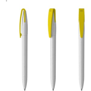 A set of three pens featuring a grey body with yellow clips, showcasing a sleek design and a logo on the clip.