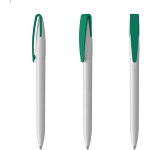 A set of three grey plastic pens with green clips, featuring a simple design and a logo.