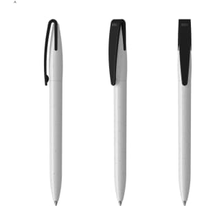 Three plastic pens in a light grey colour with black clips and branding on the side.