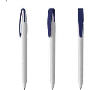 A set of three plastic pens in grey with navy blue clips, featuring a simplistic design and a logo.