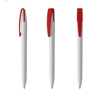 A grey plastic pen with a red cap and clip, displayed from three angles. The pen features a logo.