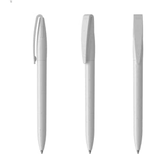 A set of three white plastic pens with a textured finish and clips, featuring a minimalist design.