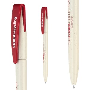 A plastic pen in cream colour with a red clip, featuring a logo and a textured finish.