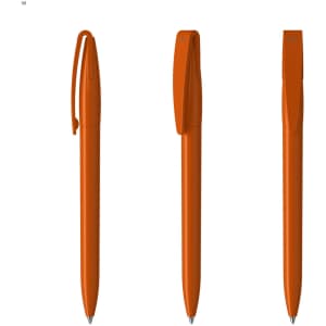 An orange plastic pen with a clip, displayed from three angles. The pen features a simple, sleek design.