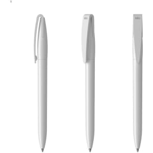 A set of three white plastic pens with clips, featuring a minimalist design and a logo on one pen.