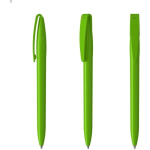 A set of vibrant green plastic pens, featuring a clip and smooth barrels, displayed from different angles.
