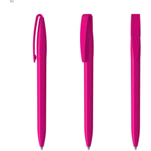 A set of three bright pink plastic pens with a clip design, featuring a smooth barrel and sleek finish.