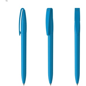 A blue plastic pen displayed from three angles, featuring a clip and a smooth barrel design.