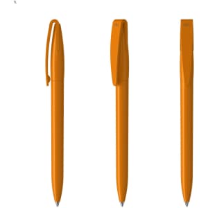 Three orange plastic pens with clips, featuring a smooth design and a logo on one side.