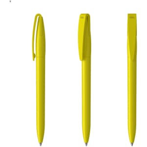 A set of three bright yellow plastic pens with clips and a sleek design, featuring a logo on each pen.
