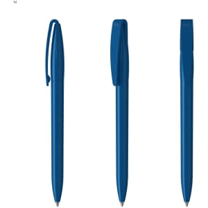 A collection of blue plastic pens with clips, featuring a smooth finish and a sleek design. Each pen has a logo.