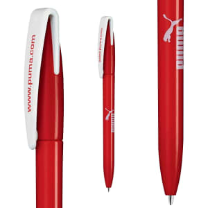 A red plastic pen with a white clip and branding, featuring a simplistic design.