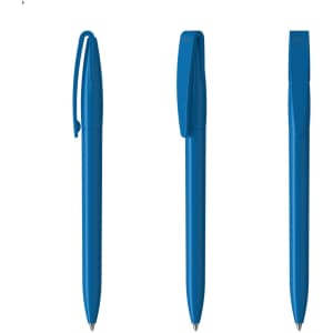 A set of three blue plastic pens featuring sleek designs and clips. Each pen has a modern look with a logo.