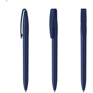 A set of three blue plastic pens with clips, featuring a sleek design and a simple logo.