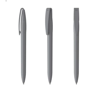 A set of grey plastic pens displayed from three different angles, featuring a clip and smooth design.
