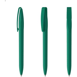 A set of three green plastic pens with clips and a sleek design. Each pen features a simple, modern aesthetic.