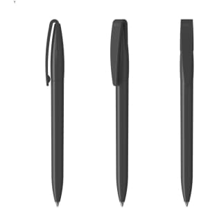 A set of three black plastic pens featuring a clip and a sleek design. Each pen has a simple, modern appearance.