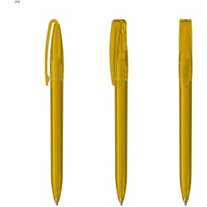 A set of three transparent yellow plastic pens with clips and visible ink mechanisms.