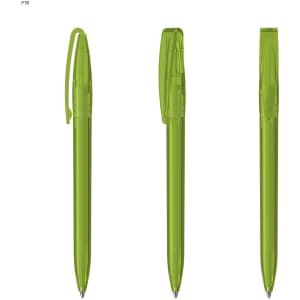 A set of three transparent green plastic pens, featuring a clip and a smooth barrel design.