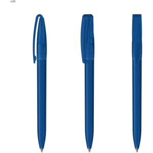 A blue transparent plastic pen featuring a clip and a retractable design, with a logo on the side.