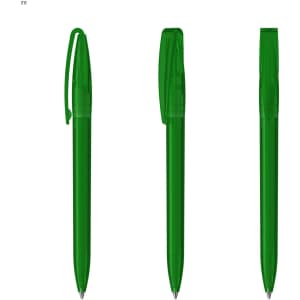 A set of three transparent green plastic pens with clip and cap features. Each pen is sleek and streamlined in design.