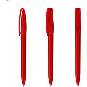 A set of three transparent red pens with clips and a sleek design, featuring a logo on each pen.