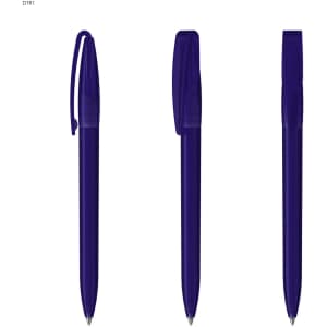 A set of transparent purple plastic pens displayed in various positions. Each pen features a clip and a logo.