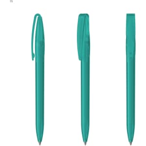 A set of three plastic pens in a vibrant teal colour with clips and transparent caps. Each pen has a sleek design.