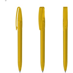A set of three yellow plastic pens with a clip and retractable tips, features a logo on the barrel.