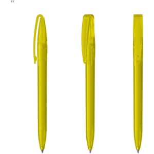 A set of bright yellow plastic pens with a transparent design and clip. The pens feature a smooth barrel and a branding logo.