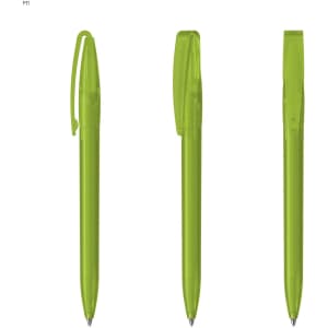 A green plastic pen with a clip, presented in three different angles. The pen features a sleek design and has a logo.